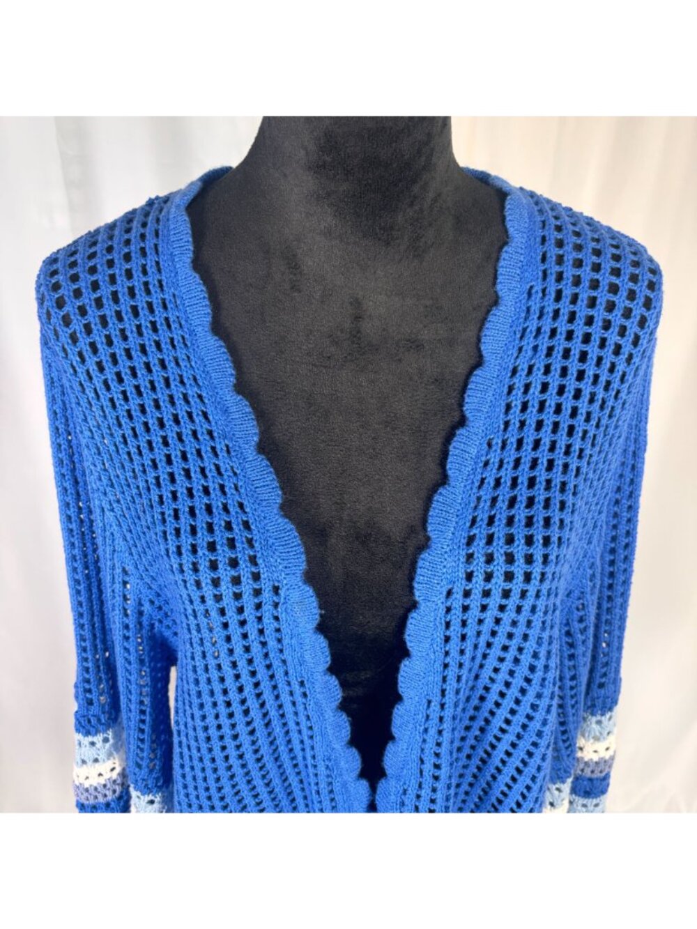Cato Blue Crochet Cardigan XL Open-Front Boho Bell Sleeve Grandma Core Stripe - Picture 5 of 6